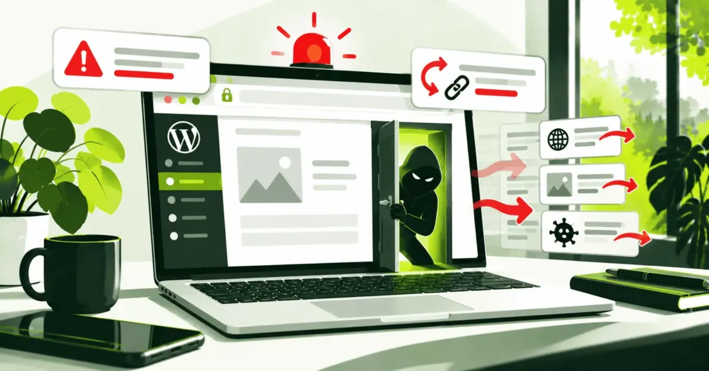 Laptop med WordPress där en okänd person smiter in genom en dörr, omgiven av varningar och omdirigeringar