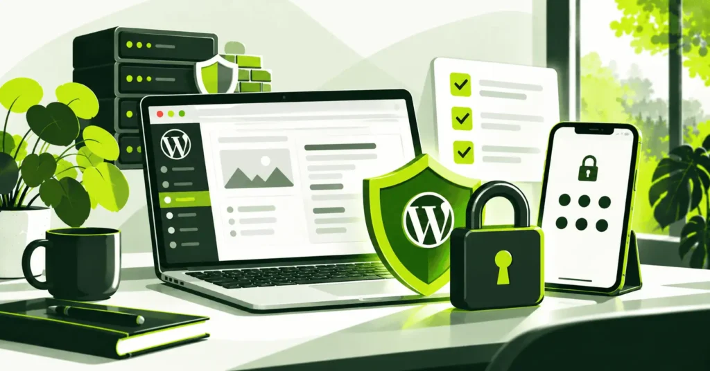 Laptop med WordPress, sköld, hänglås, checklista och mobil med inloggningskod