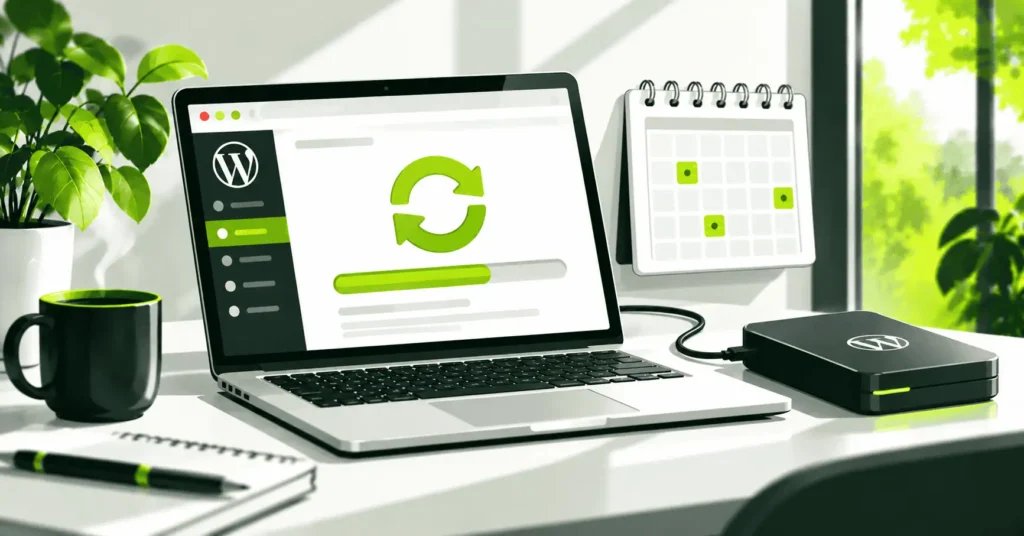 Laptop med uppdateringspil och förloppsindikator, en kalender och en extern hårddisk